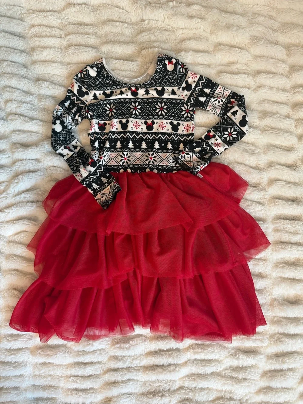 Little Sleepies Minnie Mouse Tiered Red Tulle Skirt Dress with Fair Isle Top